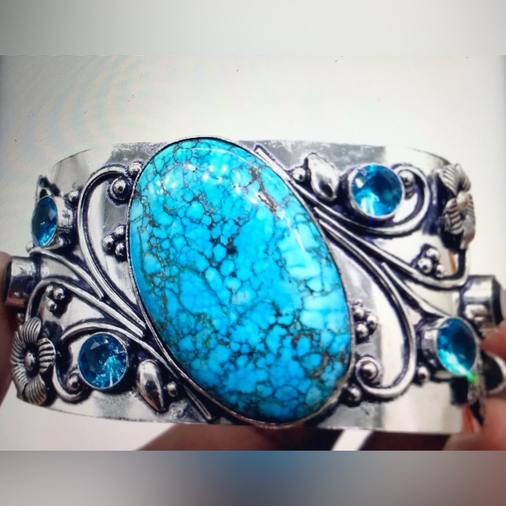 Turquoise Blue Topaz Stamped 925 Sterling Silver Cuff Bracelet